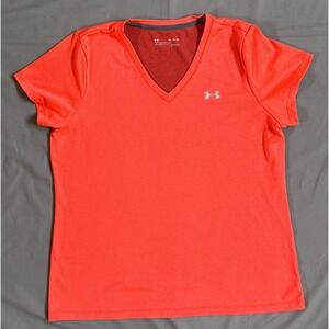 Under Armour HeatGear Womens XL V-Neck Short Sleeve Mesh Athletic Shirt Orange